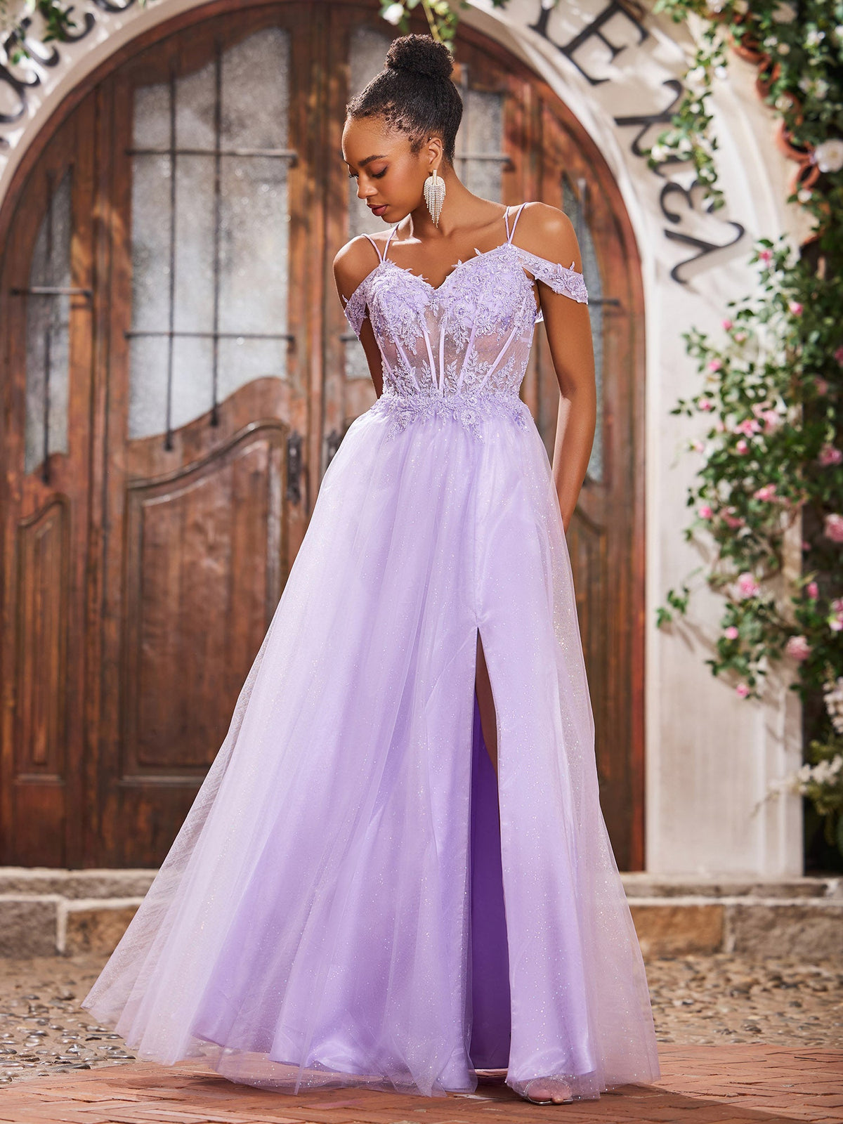 Off-The-Shoulder Beaded Appliqued Maxi Dresses with Slit Lilac