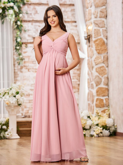 V-neck Cross Pleated Chiffon A-line Empire Dresses Dusty Rose