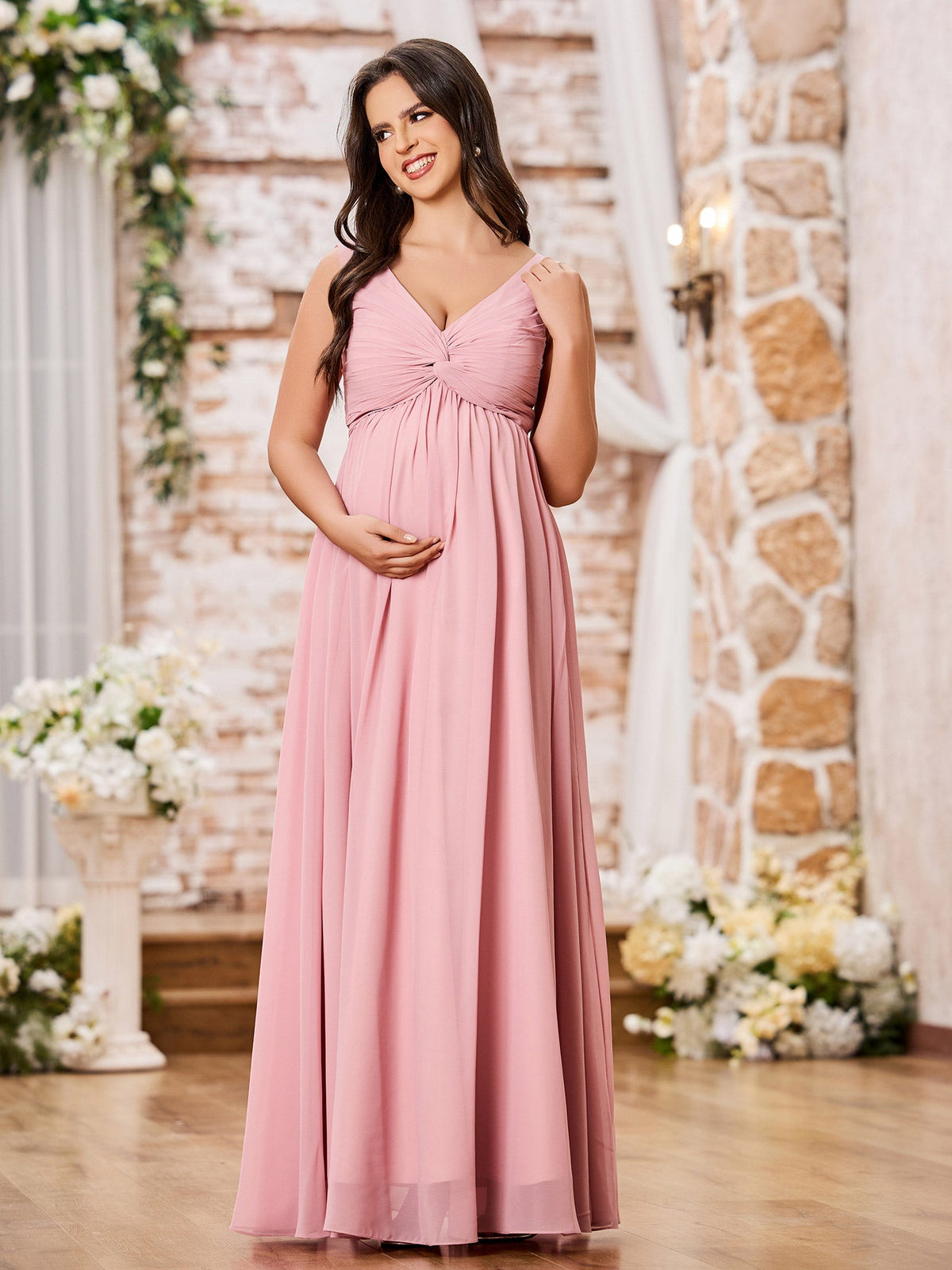 V-neck Cross Pleated Chiffon A-line Empire Dresses Dusty Rose