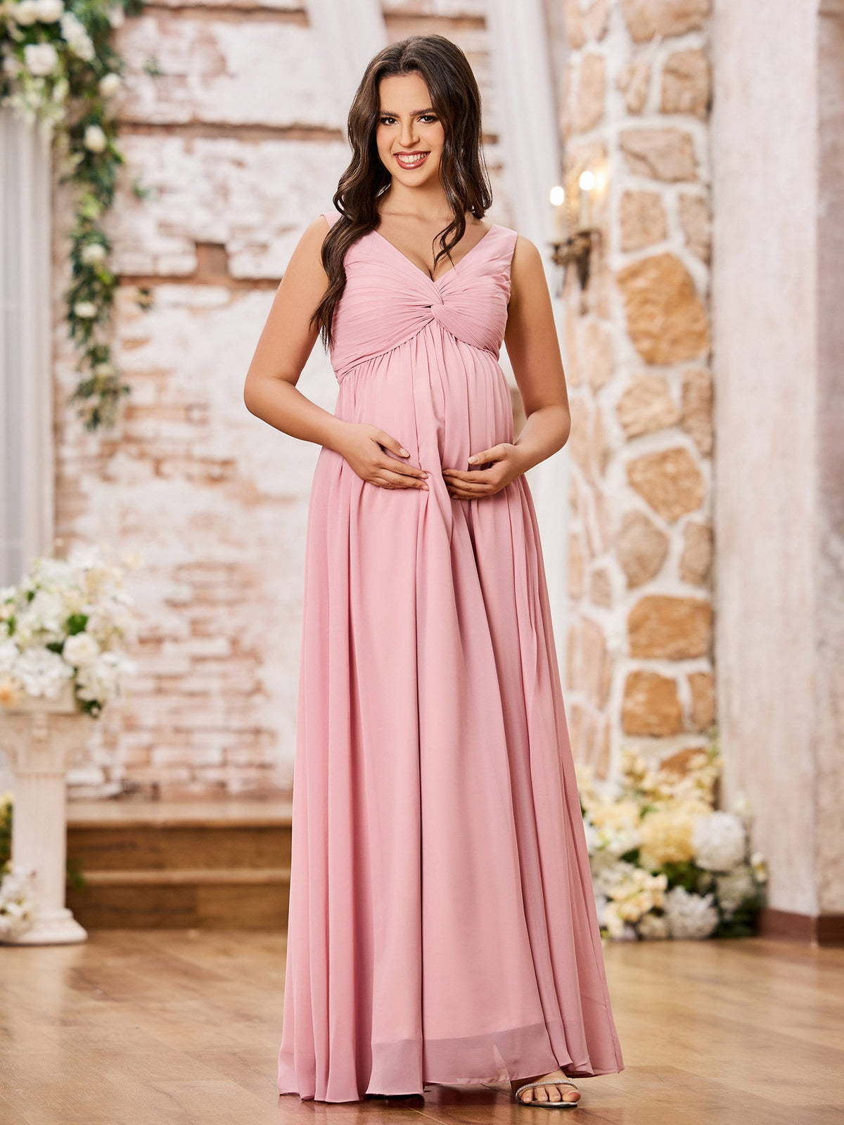 V-neck Cross Pleated Chiffon A-line Empire Dresses Dusty Rose