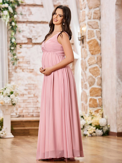 V-neck Cross Pleated Chiffon A-line Empire Dresses Dusty Rose