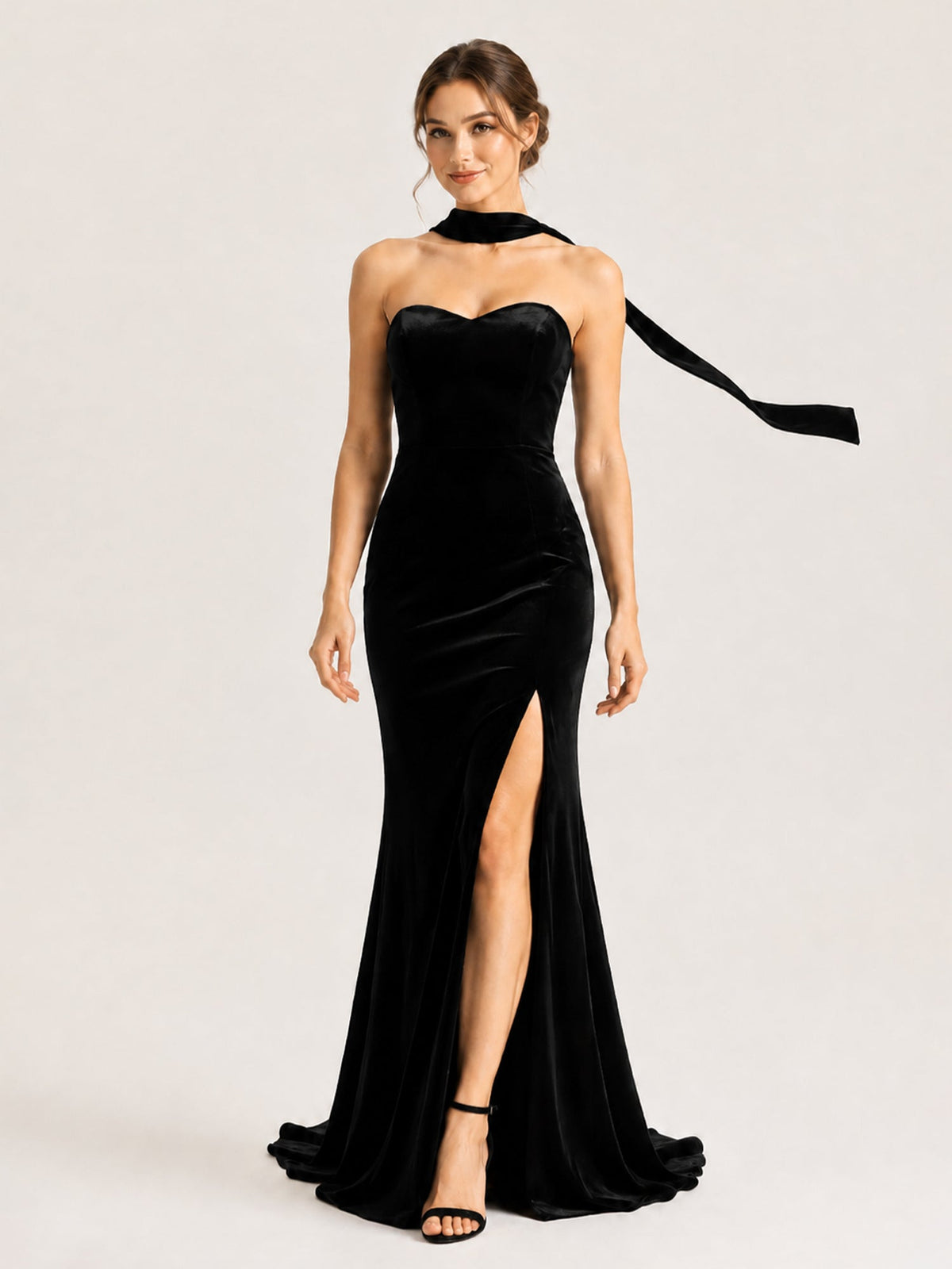 Velvet Strapless Mermaid Gown with Choker Neck Tie Black