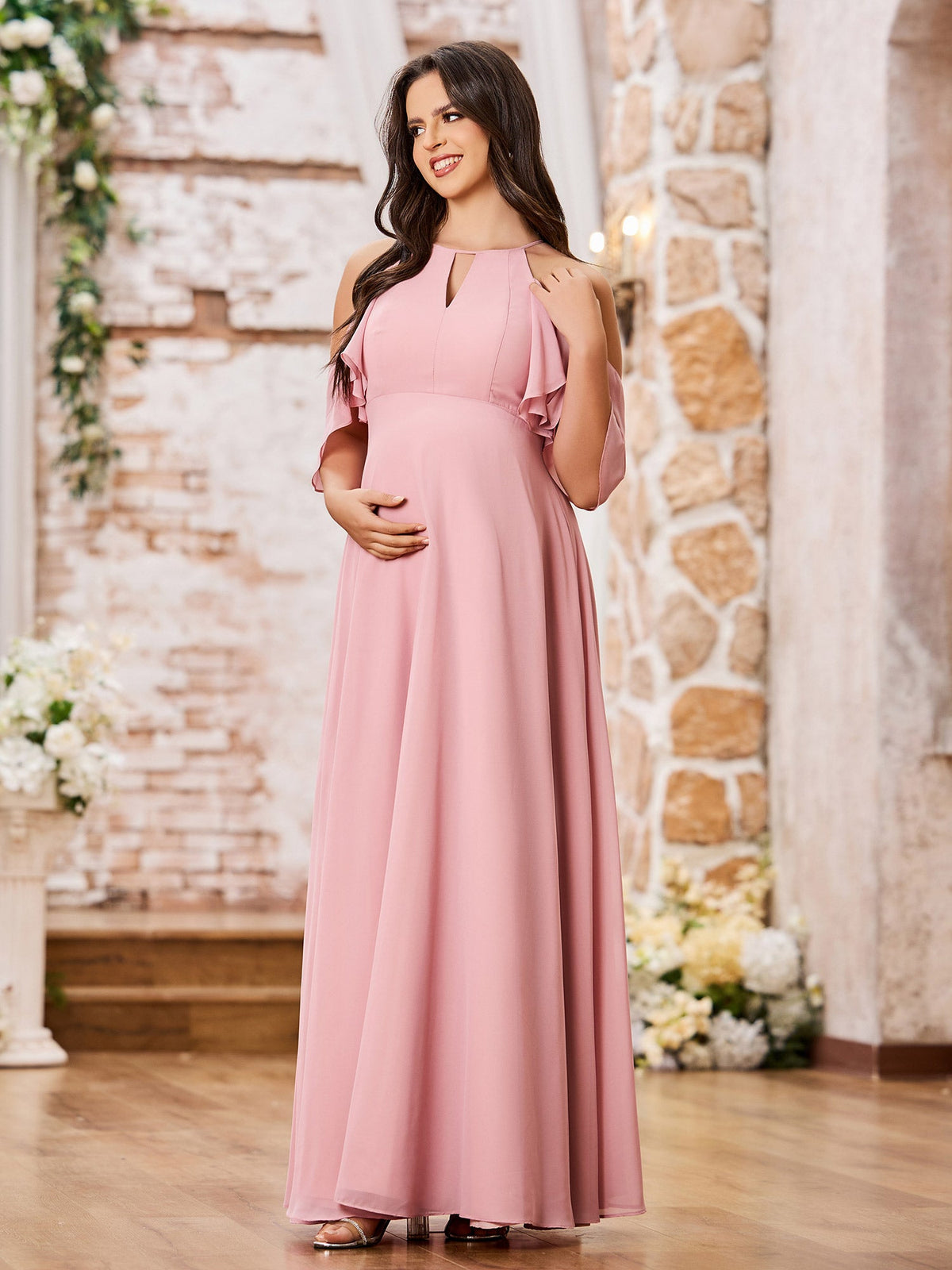 A-line Princess Floor-Length Empire Chiffon Dresses Dusty Rose