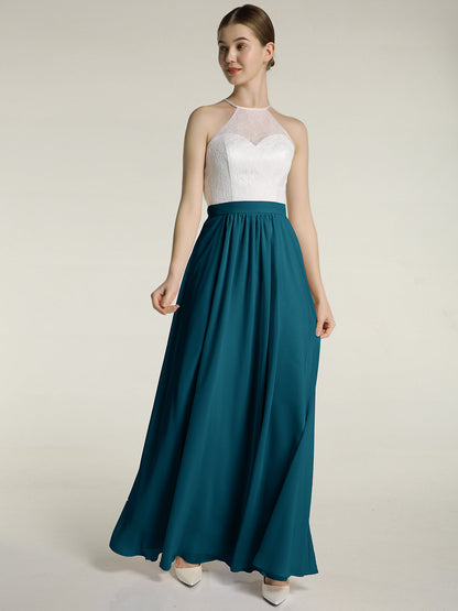 Chiffon Long Dresses with Ivory Lace Bodice-Ink Blue