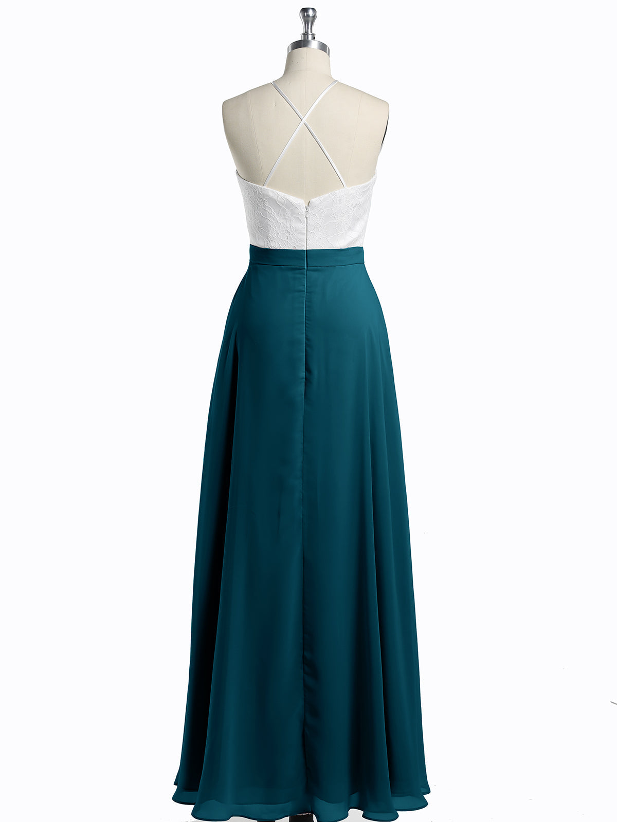 Chiffon Long Dresses with Ivory Lace Bodice-Ink Blue