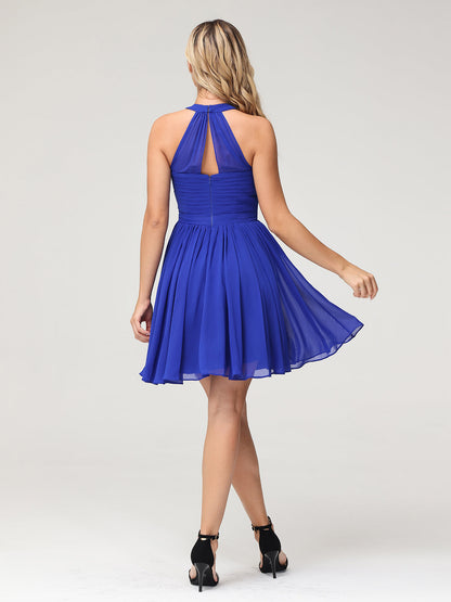 Chiffon Halter Short Bridesmaid Dresses Royal Blue