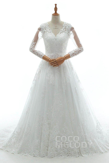 A-Line Court Train Tulle Lace and Satin Wedding Dress LD5731