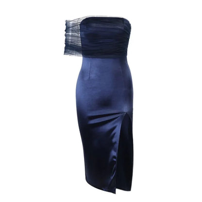 Elegant Sheath Off The Shoulder Tulle Navy Blue Slit Prom Dresses Evening Dress HZ1024