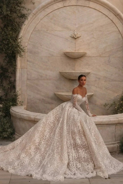 Glitter Lace Ball Gown Wedding Dress with Sleeves Off-the-Shoulder Sweetheart Corset Bridal Gown