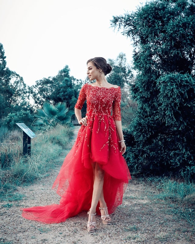 Lace Beaded Tulle Front Short Long Back Prom Dress With Sleeves