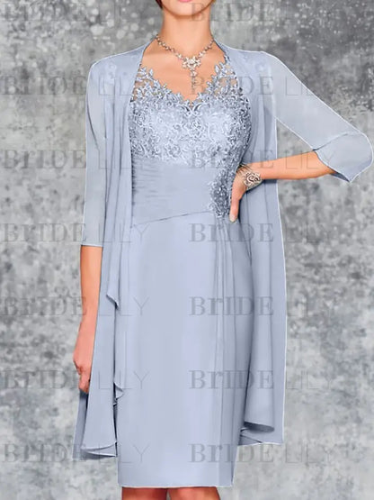 Two Piece Ruffle Chiffon Mother of the Bride Outfit Lace Short Wedding Guest Dress