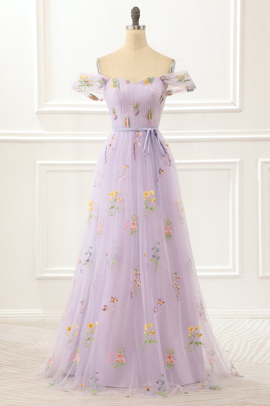 A Line Tulle Off Shoulder Lavender Prom Dress With Embroidered Flowers