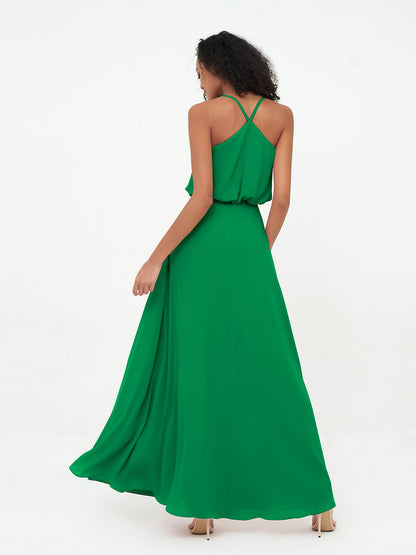 Spaghetti Staps V-neckline Chiffon Gowns-Emerald