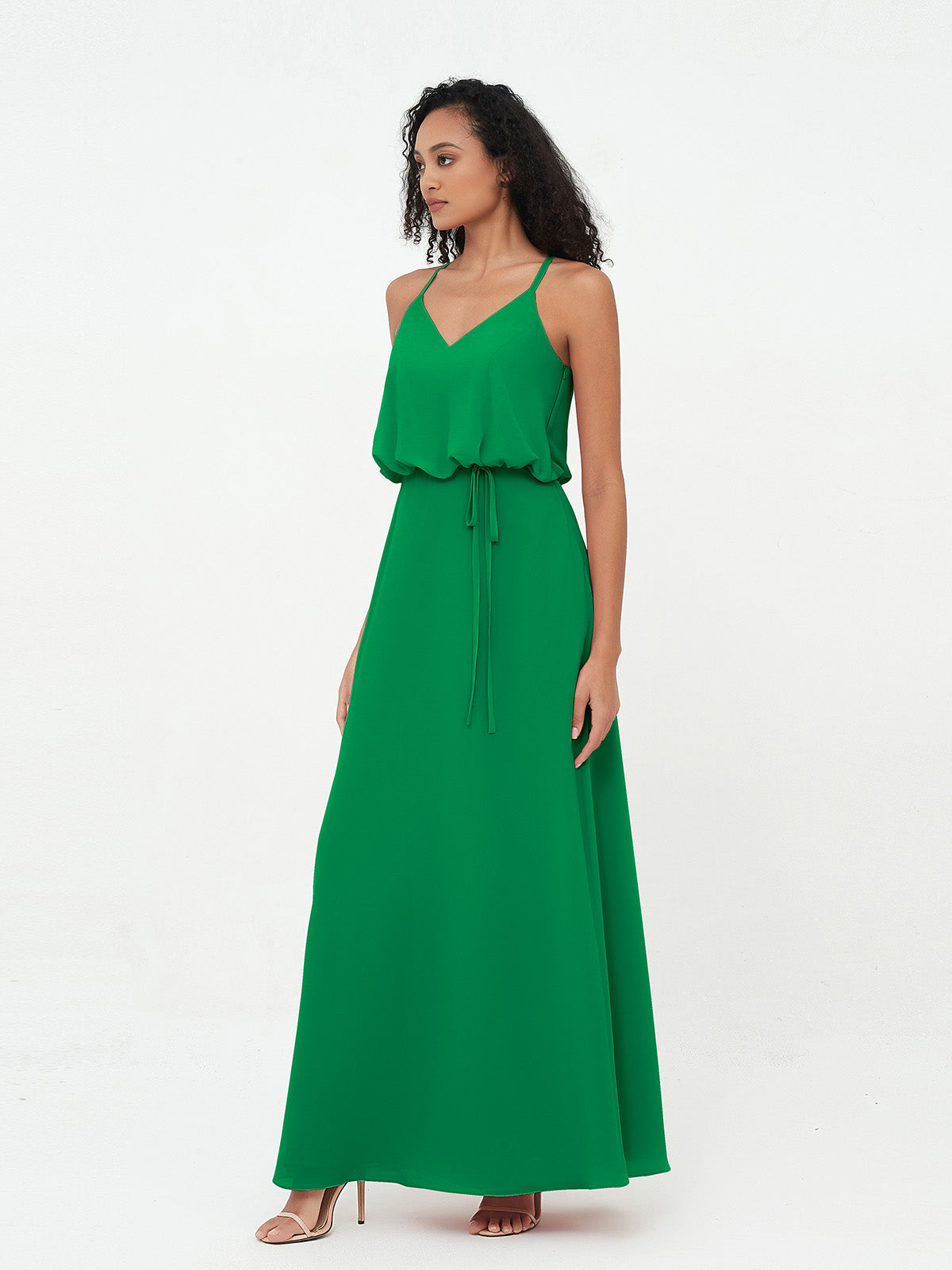Spaghetti Staps V-neckline Chiffon Gowns-Emerald