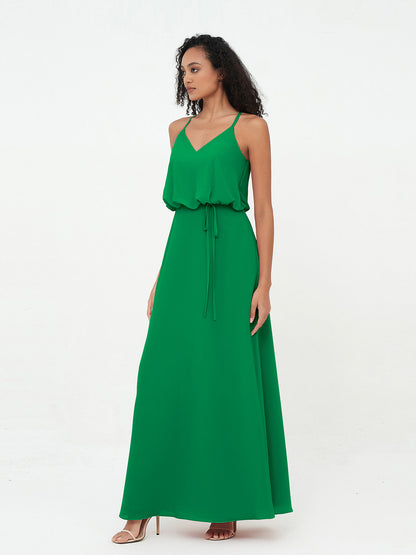 Spaghetti Staps V-neckline Chiffon Gowns-Emerald
