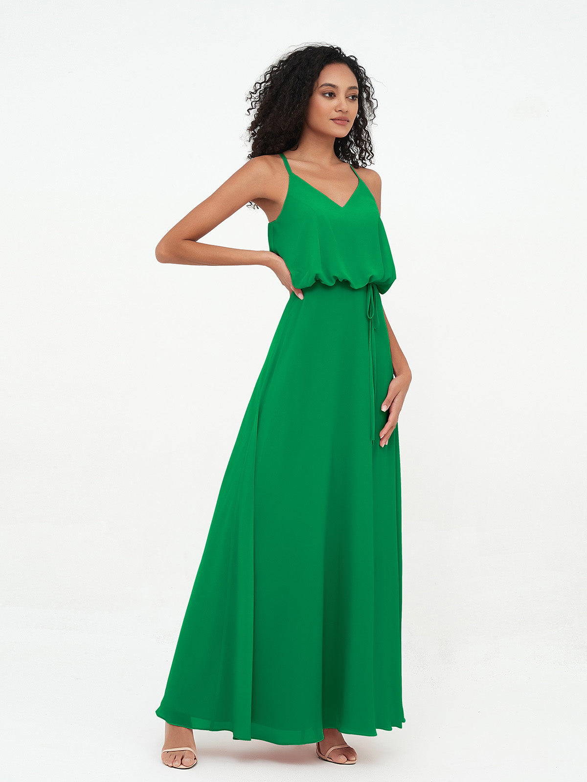 Spaghetti Staps V-neckline Chiffon Gowns-Emerald