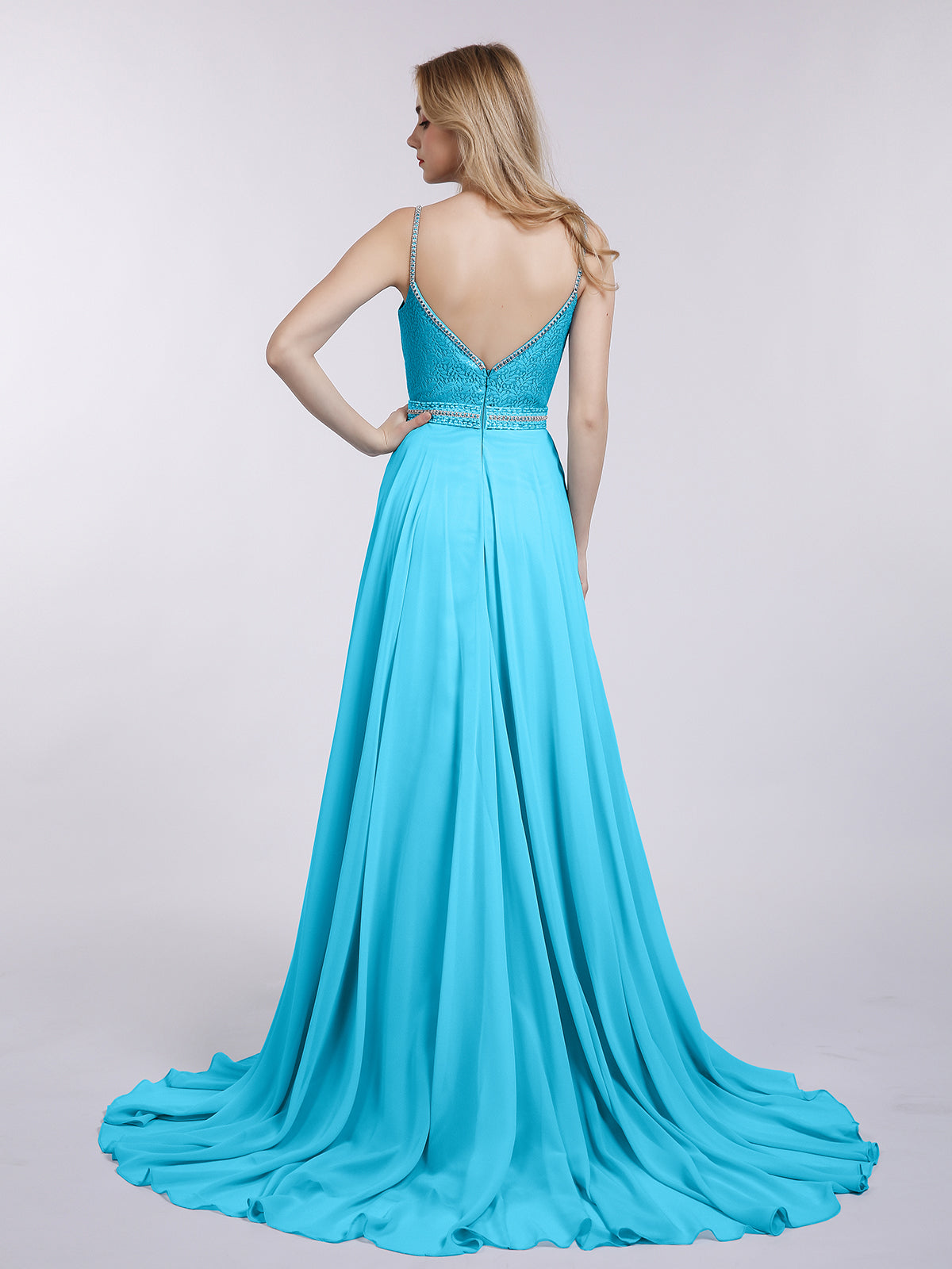Spaghetti Strap Lace and Chiffon Gown-Pool