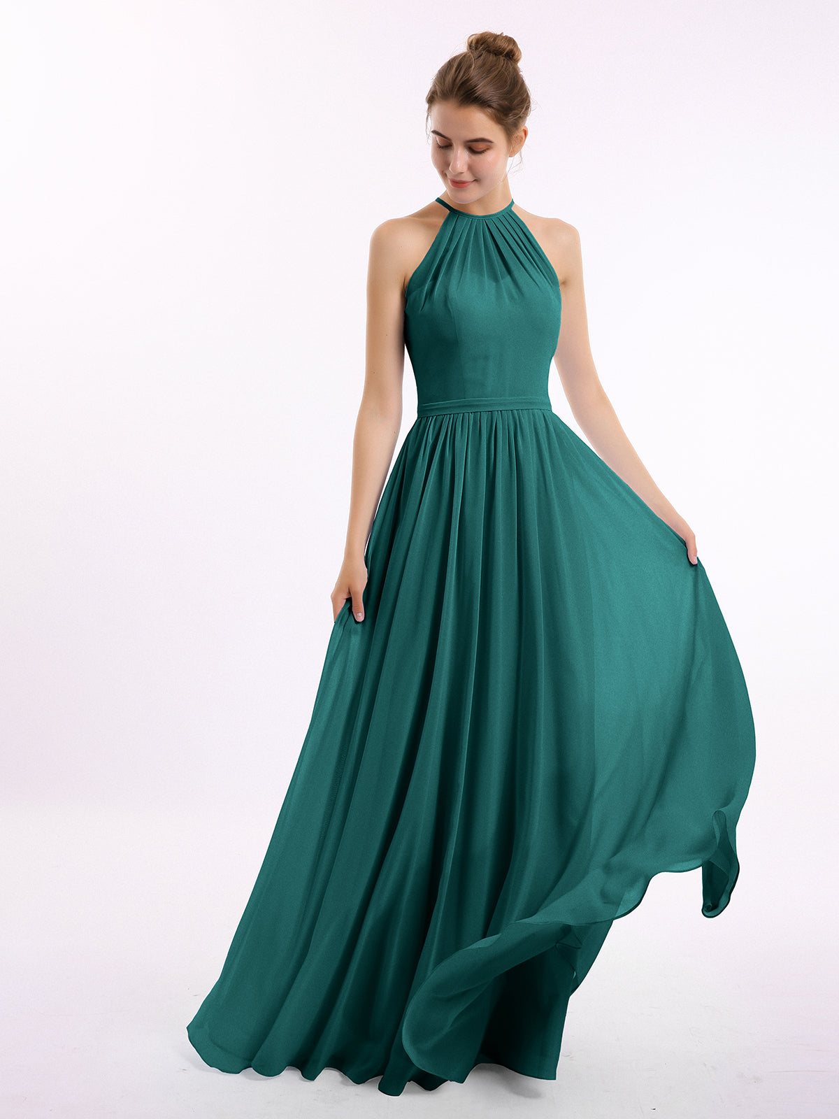 Halter Long Chiffon Gowns with Double Straps-Peacock