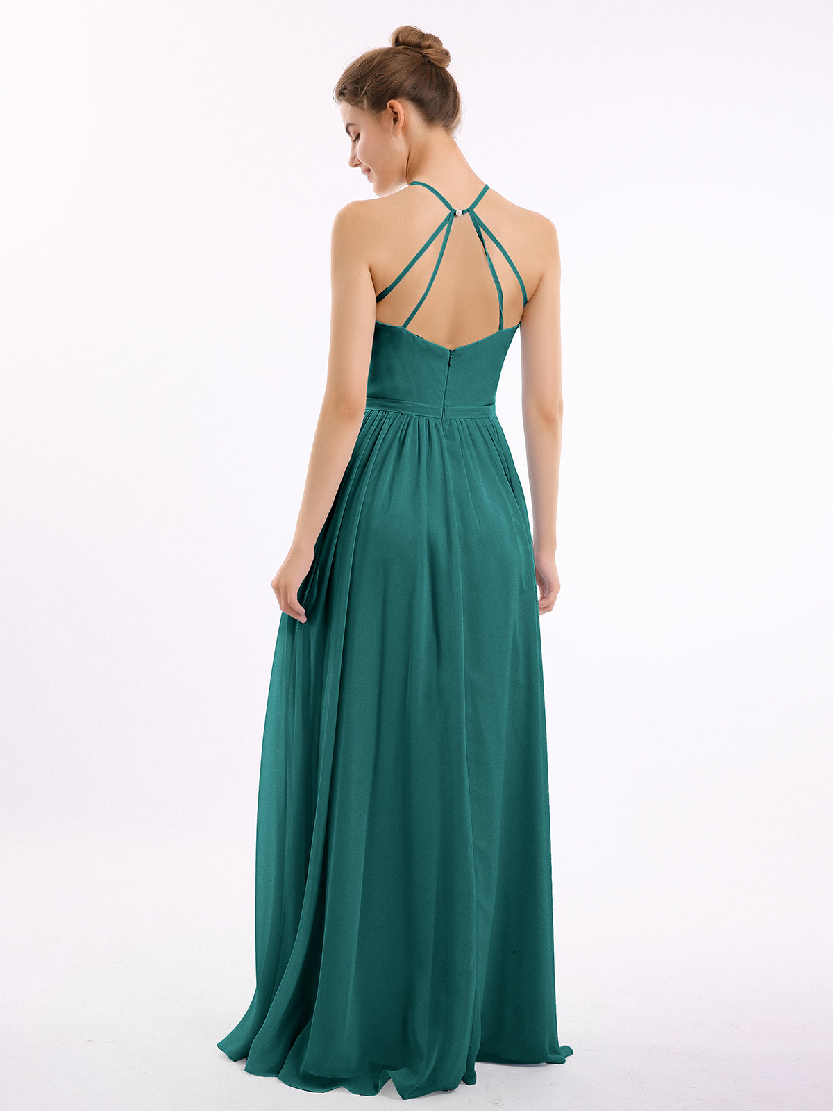 Halter Long Chiffon Gowns with Double Straps-Peacock