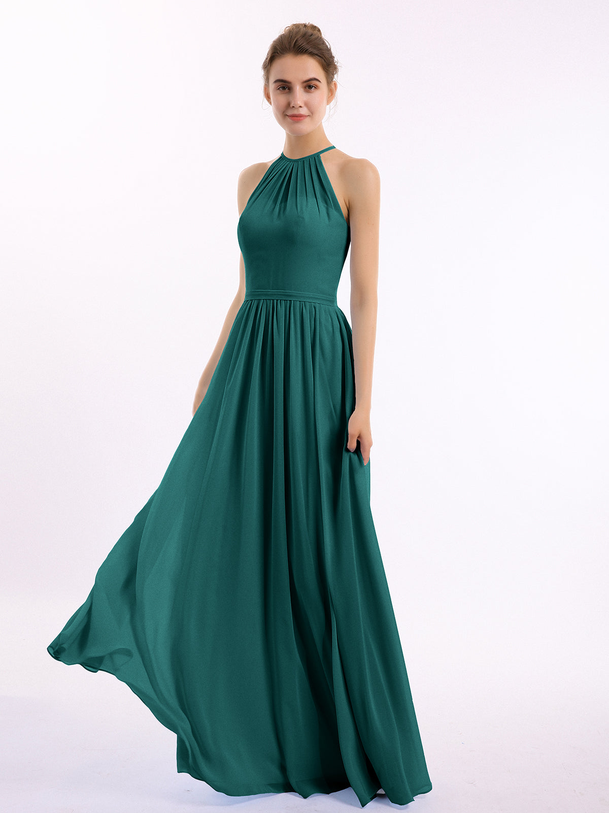 Halter Long Chiffon Gowns with Double Straps-Peacock