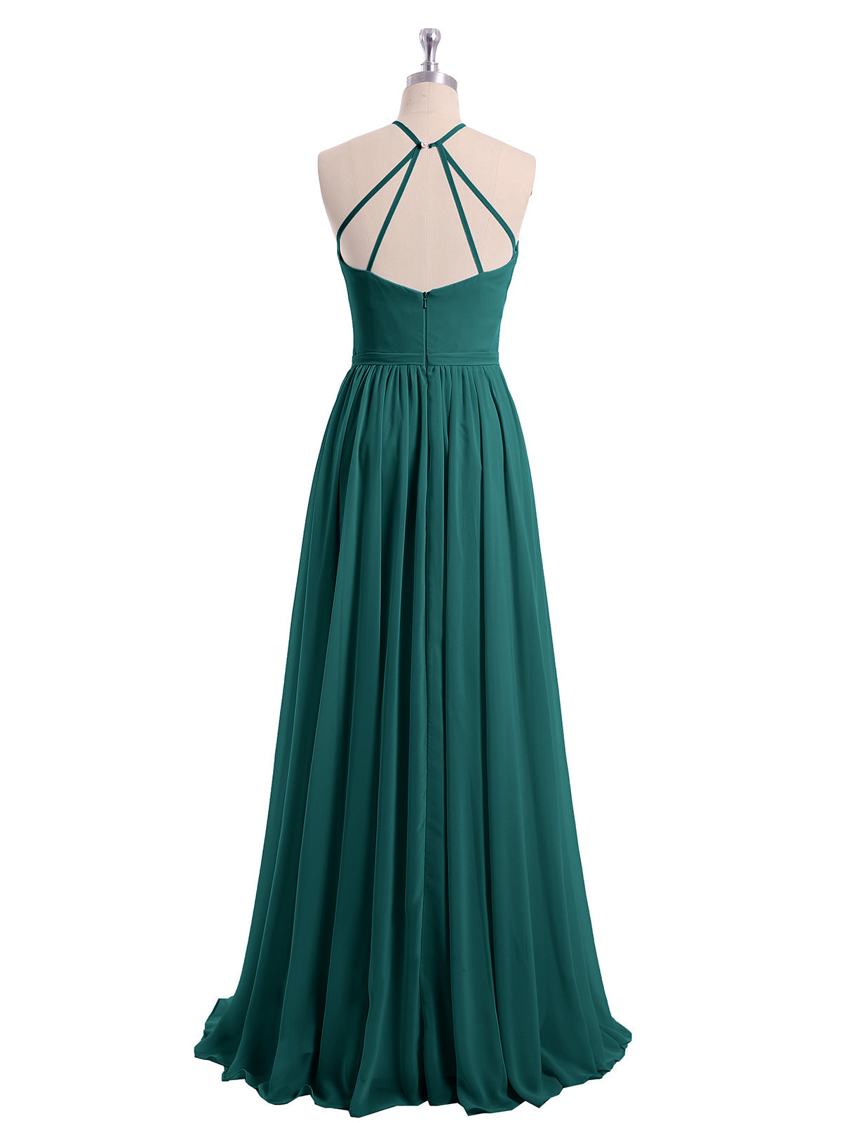 Halter Long Chiffon Gowns with Double Straps-Peacock