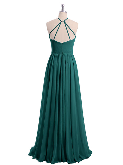 Halter Long Chiffon Gowns with Double Straps-Peacock