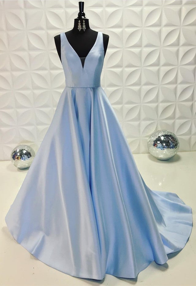 Light Blue Long Satin V-neck Dresses