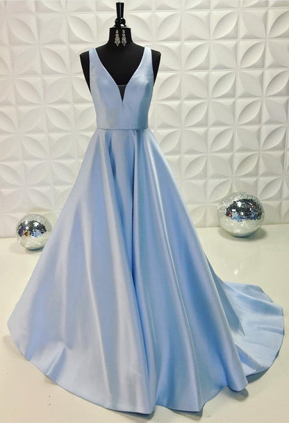 Light Blue Long Satin V-neck Dresses