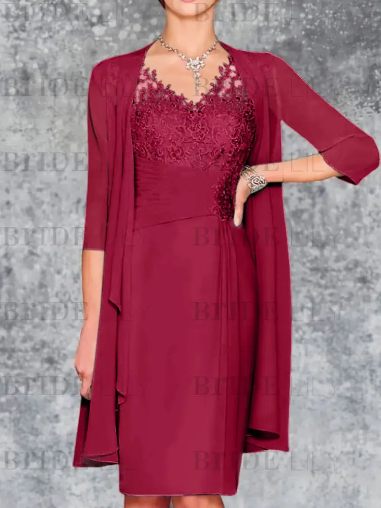 Two Piece Ruffle Chiffon Mother of the Bride Outfit Lace Short Wedding Guest Dress