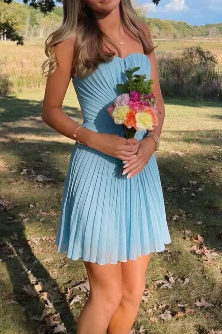 Light Blue Strapless A-Line Pleated Chiffon Sweetheart Homecoming Summer Dress