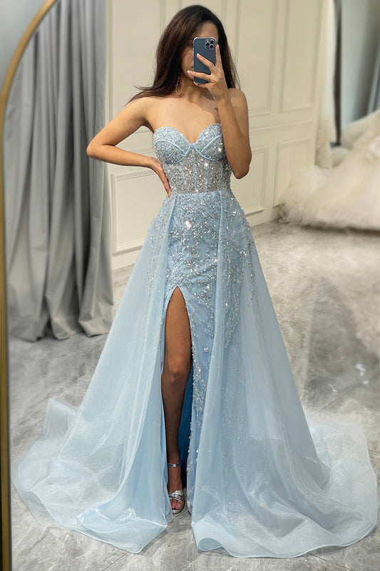 Glitter Light Blue Long Corset Beaded Prom Dress With Slit Off Shoulder Sparkly