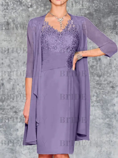 Two Piece Ruffle Chiffon Mother of the Bride Outfit Lace Short Wedding Guest Dress