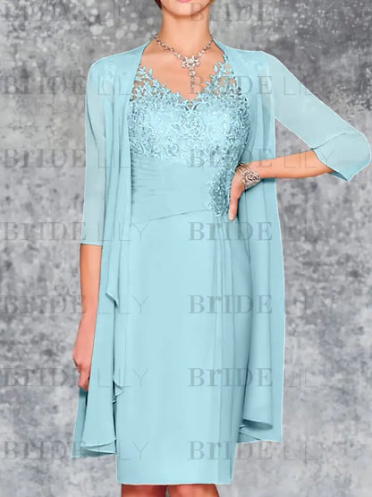 Two Piece Ruffle Chiffon Mother of the Bride Outfit Lace Short Wedding Guest Dress