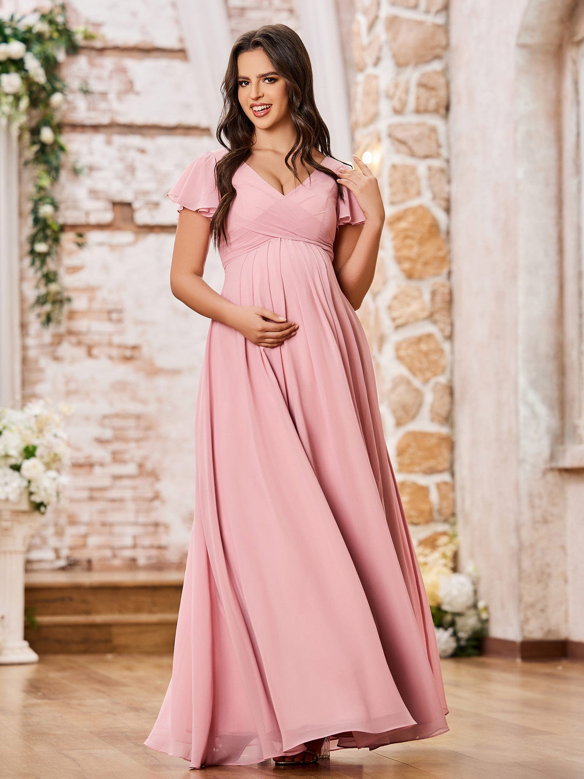 A-line V-neck Empire Chiffon Long Dresses with Cap Sleeves Dusty Rose
