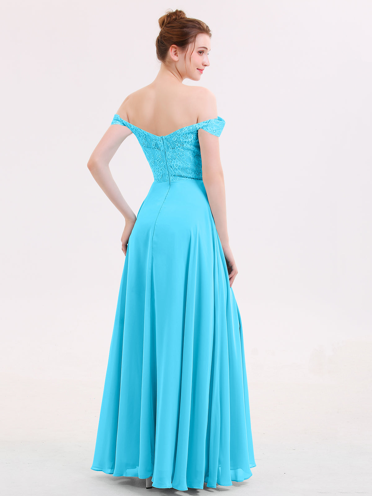 Off Shoulder Chiffon And Lace Empire Dress-Pool