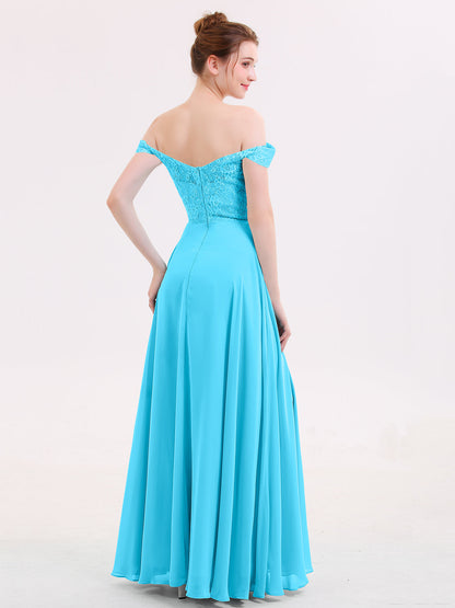 Off Shoulder Chiffon And Lace Empire Dress-Pool