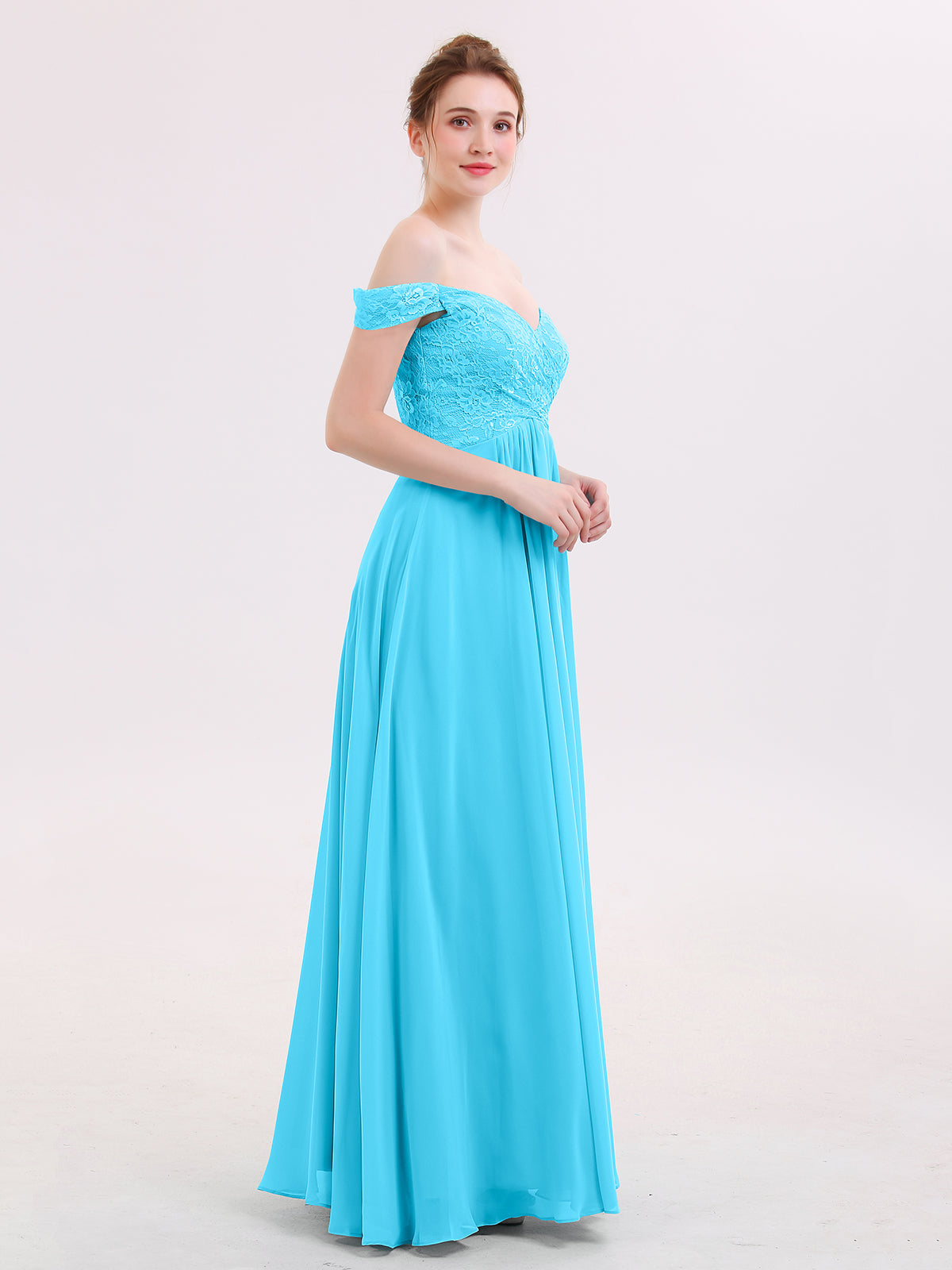 Off Shoulder Chiffon And Lace Empire Dress-Pool