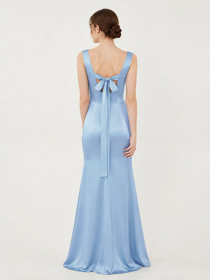 Square Neck Satin Mermaid Gown with Back Bow Detail Sky Blue