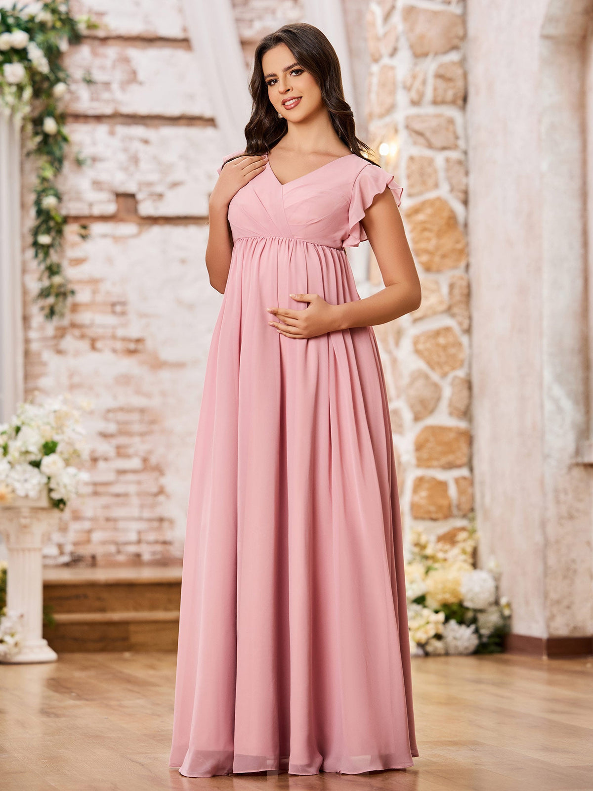 A-line V-neck Long Chiffon Empire Bridesmaid Dresses Dusty Rose