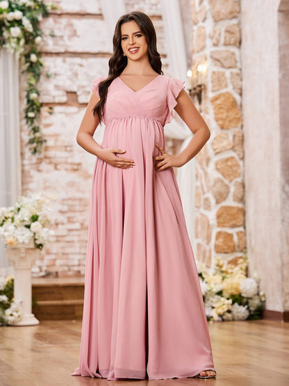 A-line V-neck Long Chiffon Empire Bridesmaid Dresses Dusty Rose