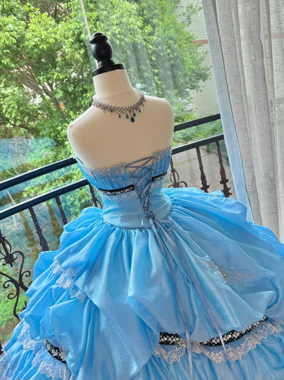 Girlhomeshops-Blue Gorgeous Elegant Sweet Long Tulle Quinceanera Dresses Ball Gown Graduation Dress Princess gh5004