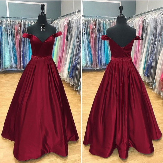 Long Satin V Neck Off Shoulder Prom Dresses Ball Gowns Beaded Sashes