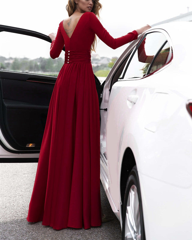 Sexy Plunge V-neck Long Sleeves Prom Dresses Leg Split