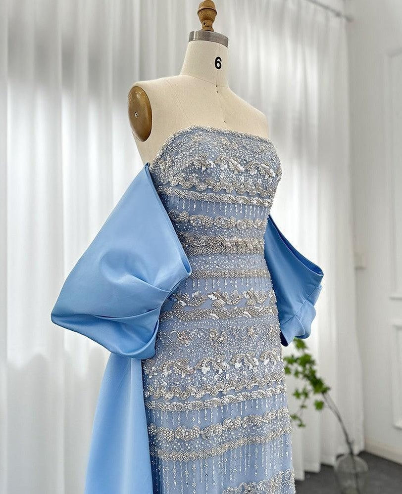 Vintage Shiny Beaded Strapless Sheath Cape Design Long Prom Dress Evening Dress HZ1024