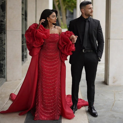 Gorgeous Burgundy Beaded Strapless Cape Design Sheath Long Prom Dress Evening Dress HZ1024