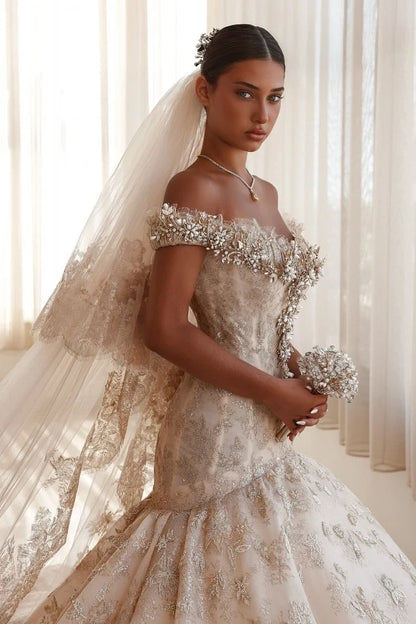 Luxury Off-the-Shoulder Mermaid Wedding Dress Lace with Crystals