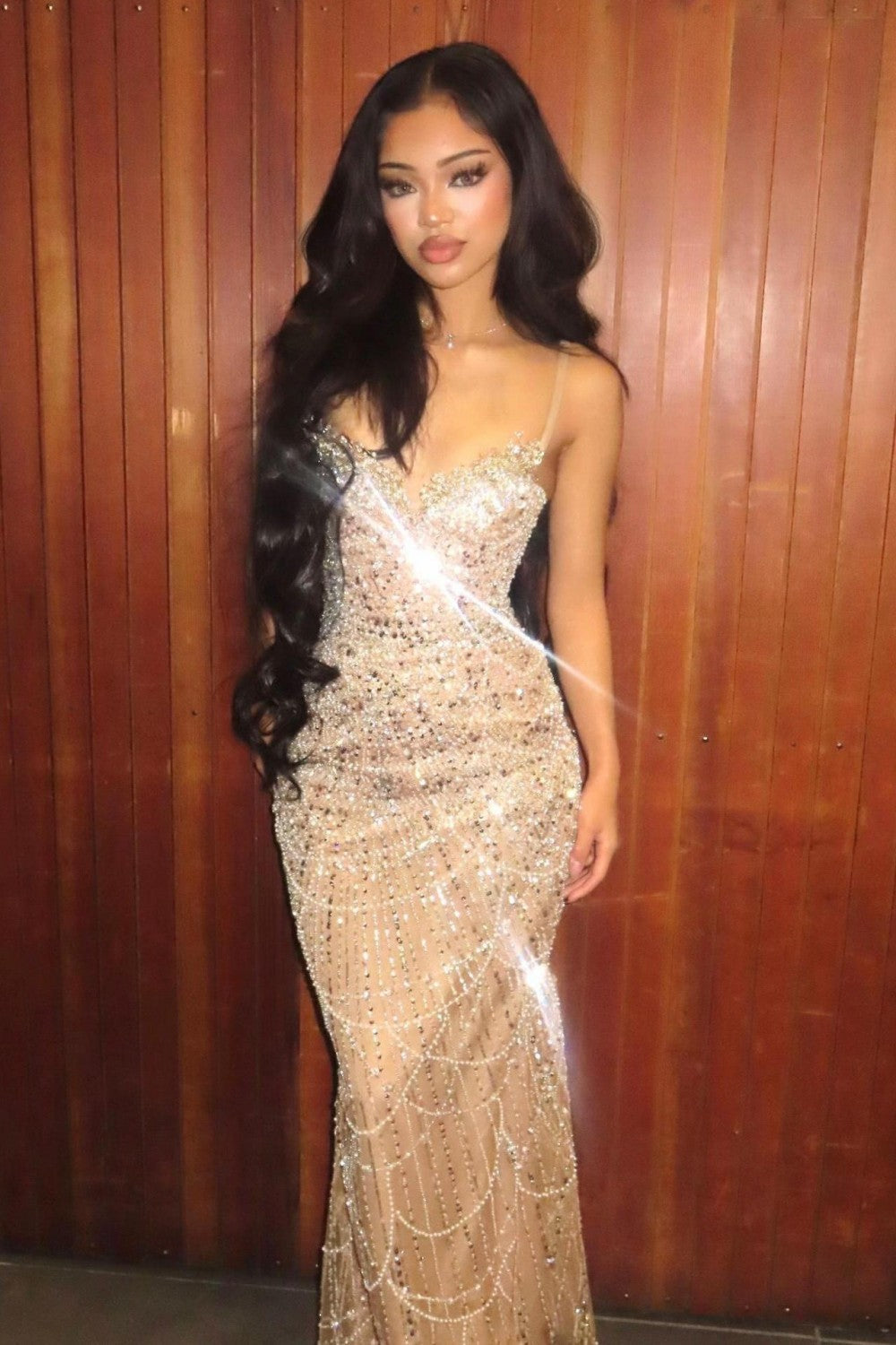 Luxury Champagne Beaded Mermaid Prom Dress Spaghetti Straps Corset