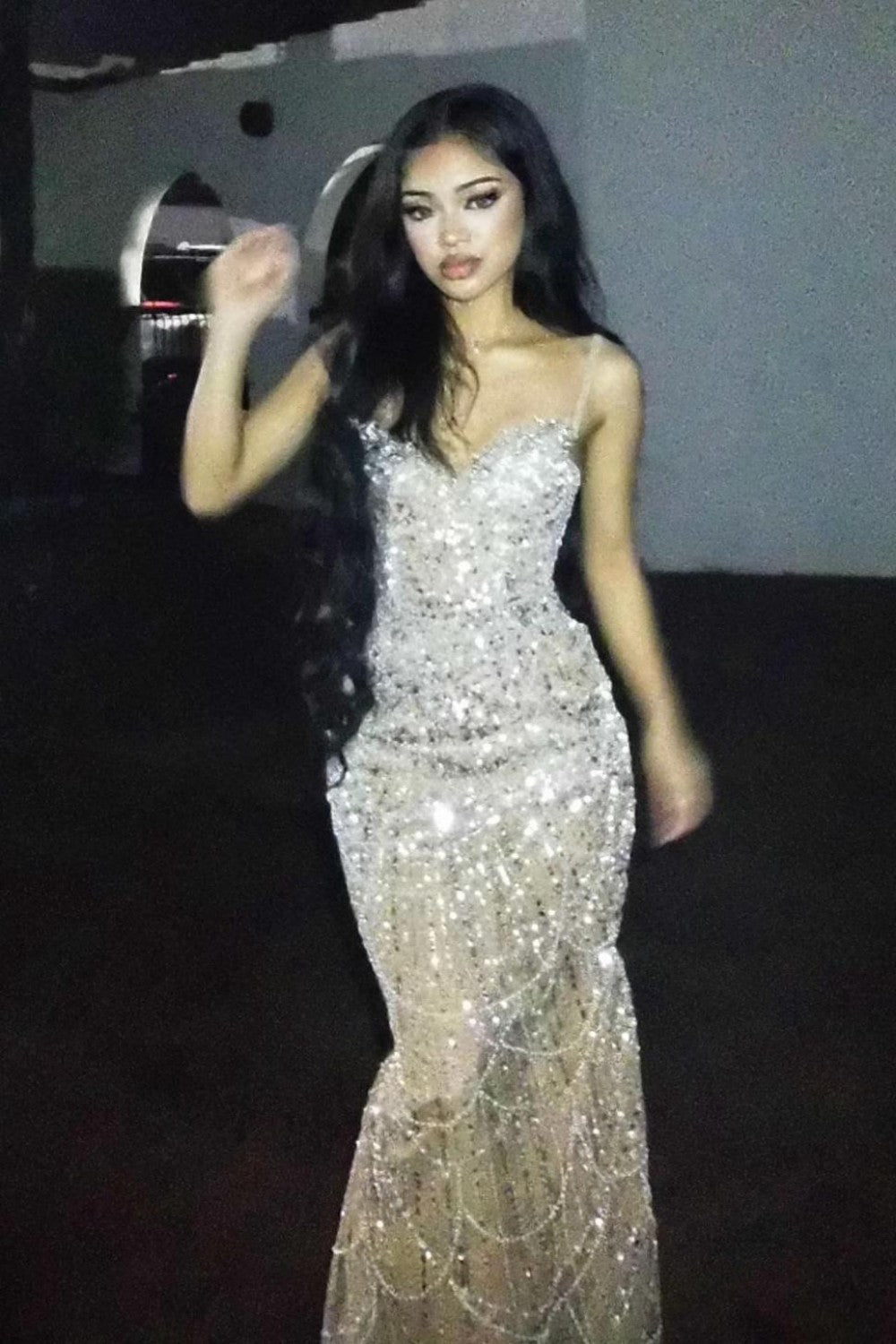 Luxury Champagne Beaded Mermaid Prom Dress Spaghetti Straps Corset