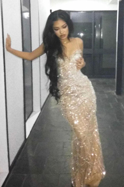 Luxury Champagne Beaded Mermaid Prom Dress Spaghetti Straps Corset