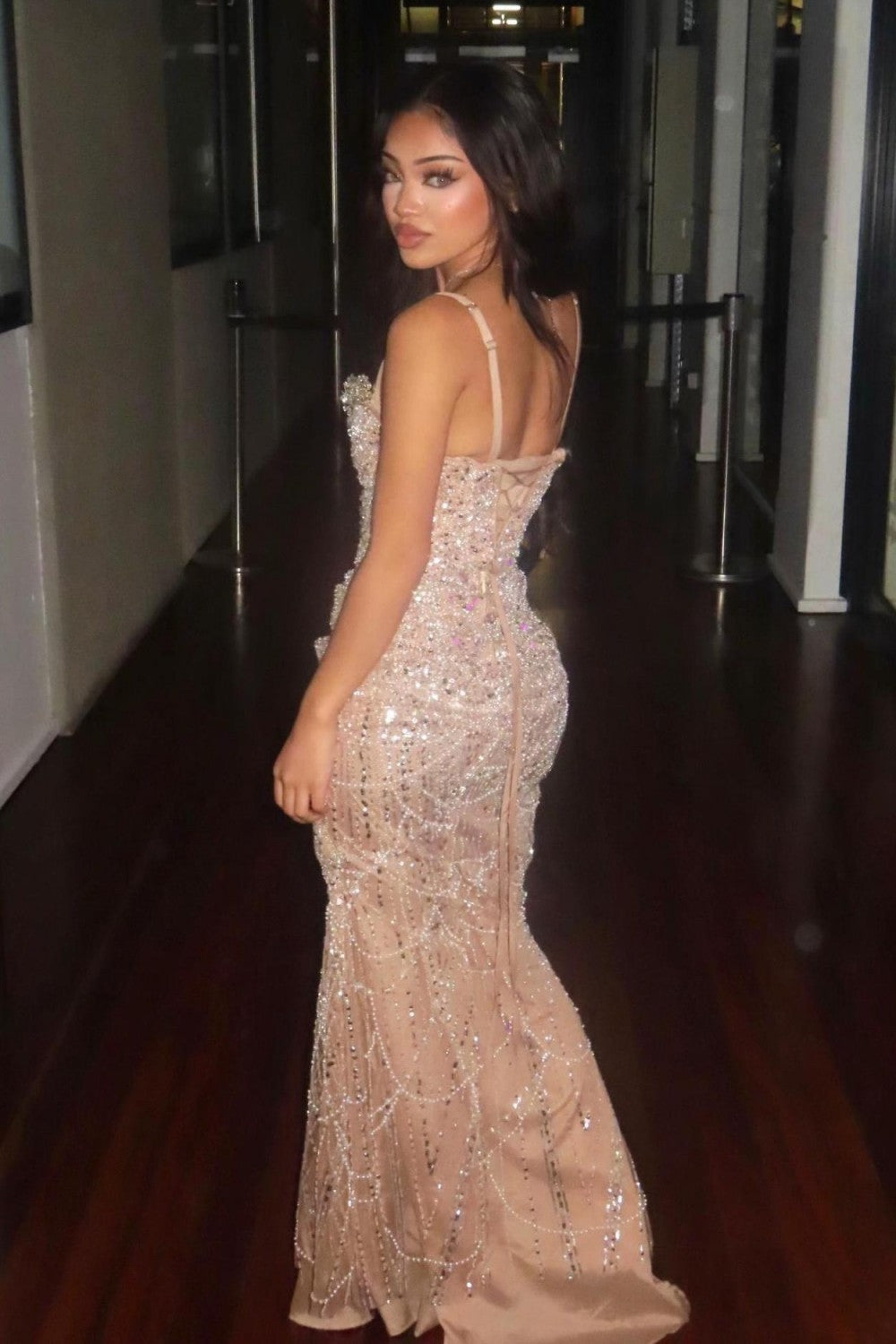 Luxury Champagne Beaded Mermaid Prom Dress Spaghetti Straps Corset